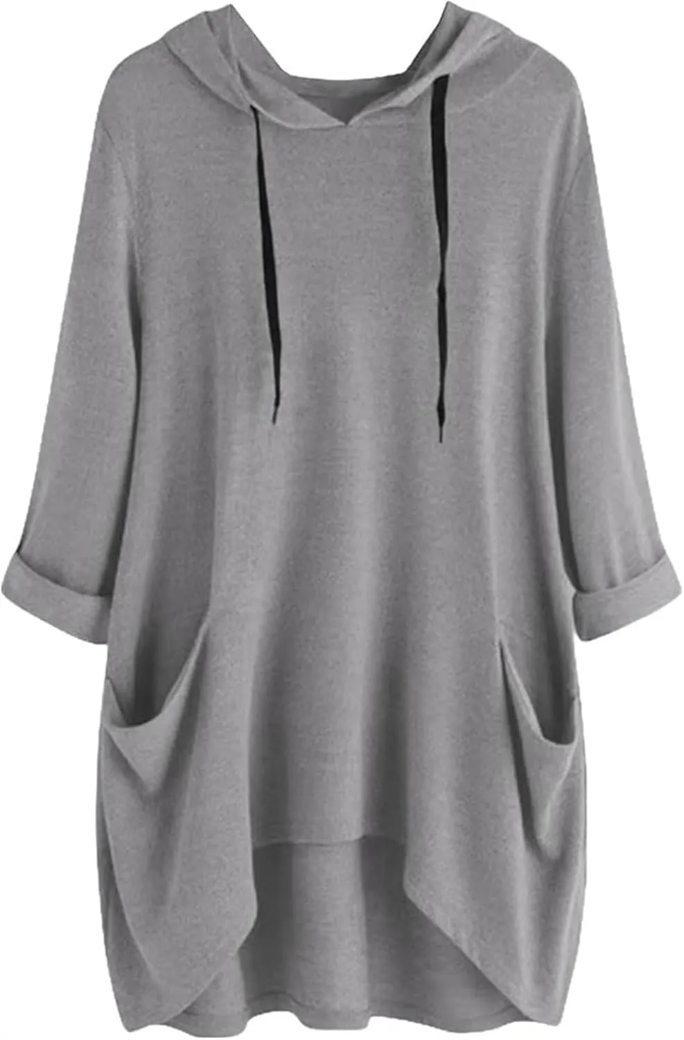 Women's Hooded Solid Color Loose Sweatshirt Irregular Pocket Top, Oversized Ladies Tops Long Sleeve