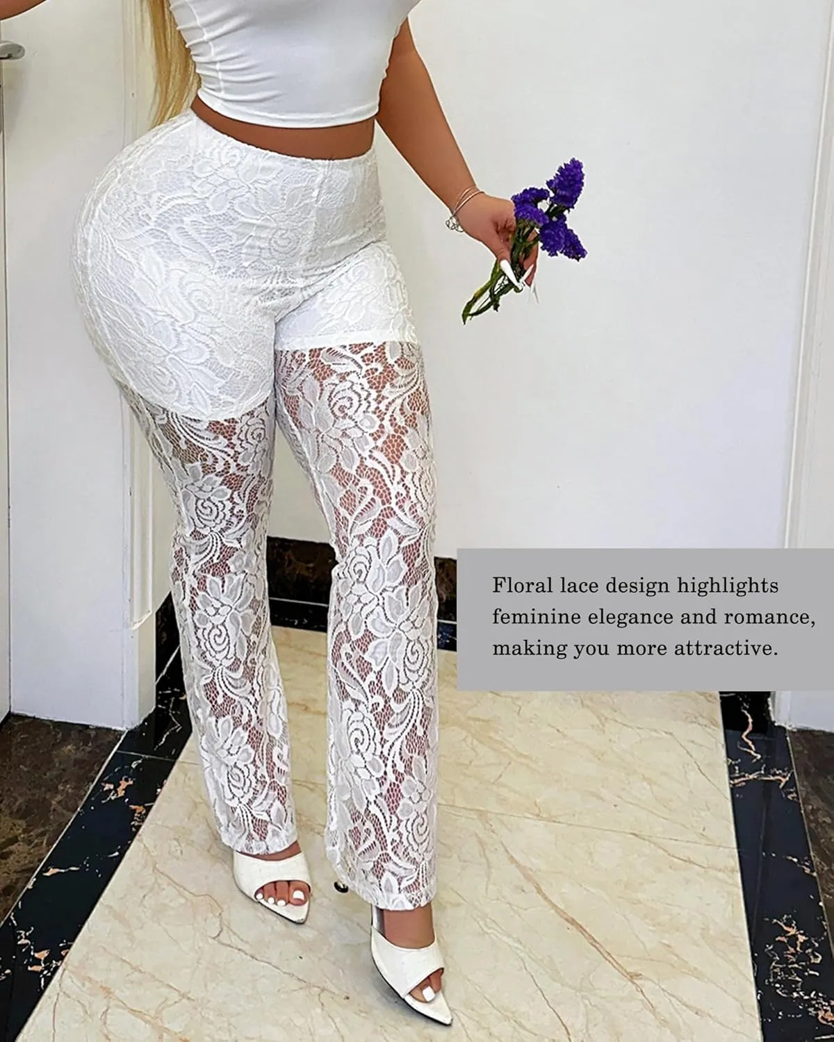Womens Lace Pants for Women Sexy Lace Flare Pants for Women Black Mesh Pant See Through Sheer Rave
