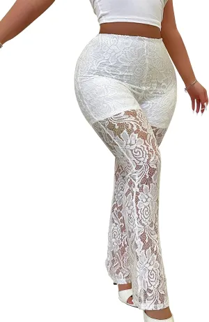 Womens Lace Pants for Women Sexy Lace Flare Pants for Women Black Mesh Pant See Through Sheer Rave