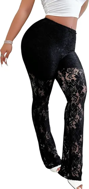 Womens Lace Pants for Women Sexy Lace Flare Pants for Women Black Mesh Pant See Through Sheer Rave