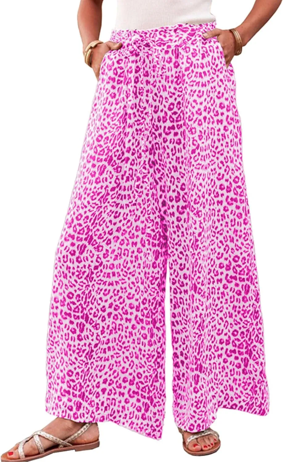 Women's Leopard Print Palazo Pants Drawstring High Waist Wide Leg Beach Lounge Pants Trousers