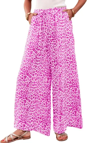 Women's Leopard Print Palazo Pants Drawstring High Waist Wide Leg Beach Lounge Pants Trousers
