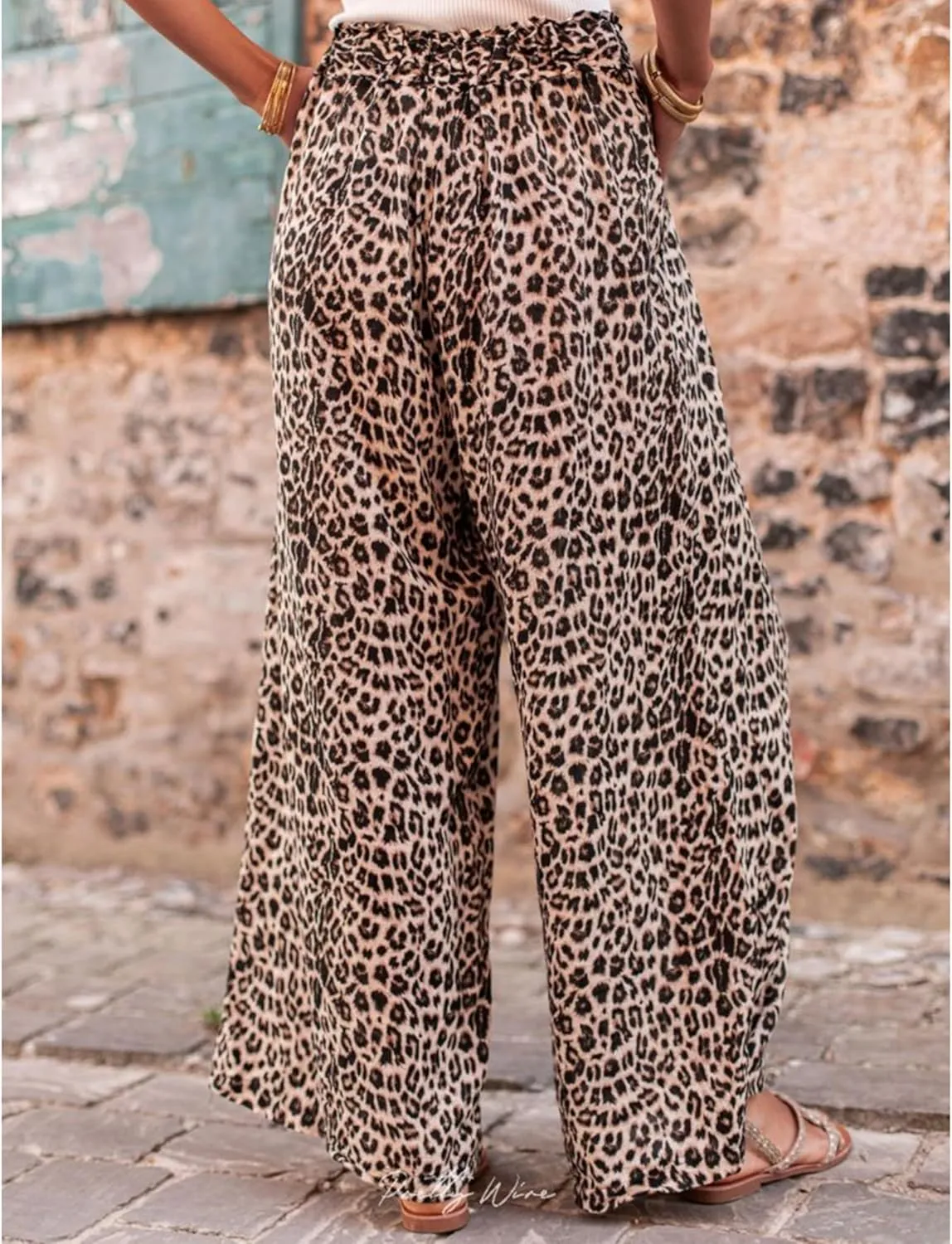 Women's Leopard Print Palazo Pants Drawstring High Waist Wide Leg Beach Lounge Pants Trousers