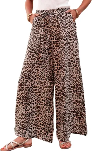 Women's Leopard Print Palazo Pants Drawstring High Waist Wide Leg Beach Lounge Pants Trousers