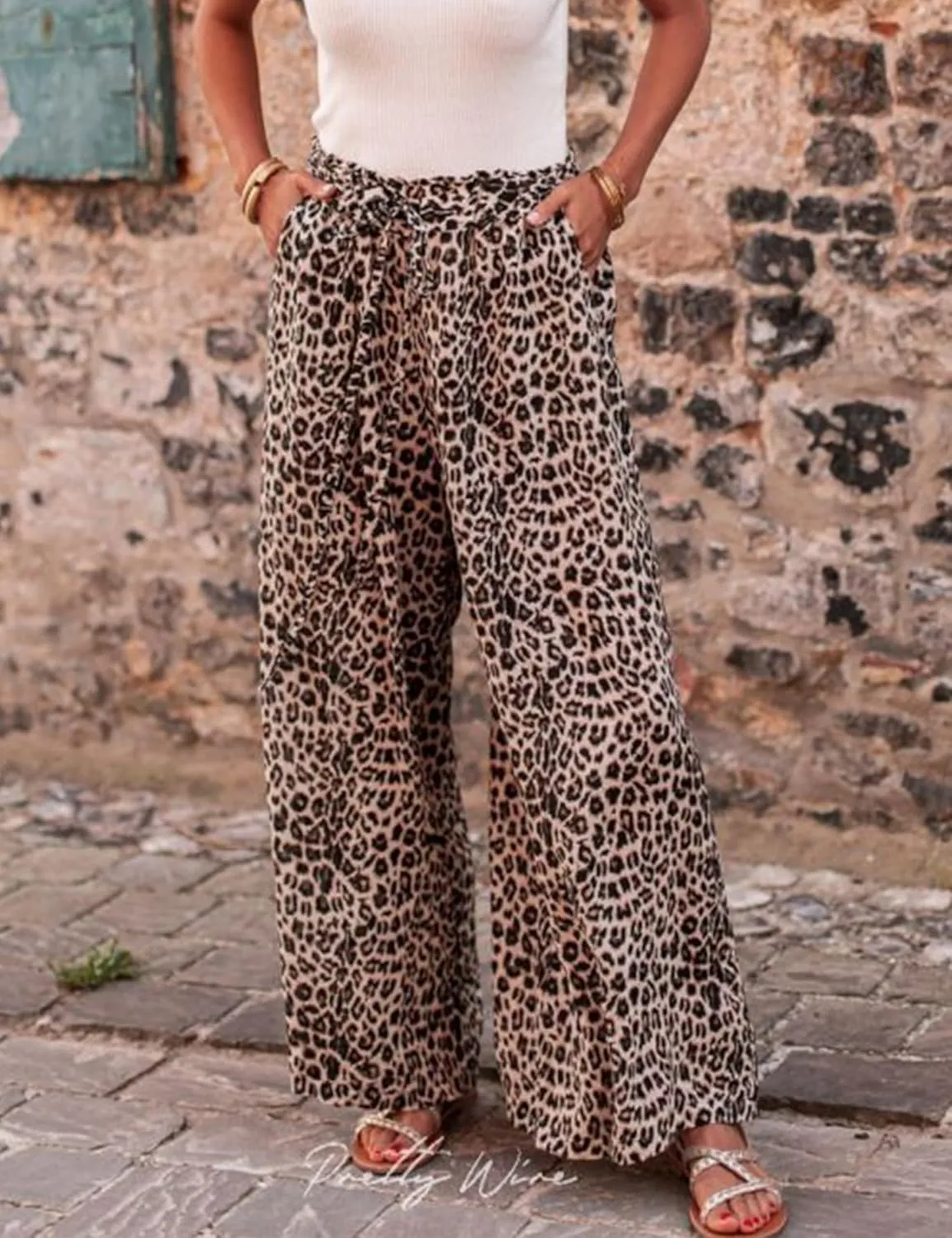 Women's Leopard Print Palazo Pants Drawstring High Waist Wide Leg Beach Lounge Pants Trousers