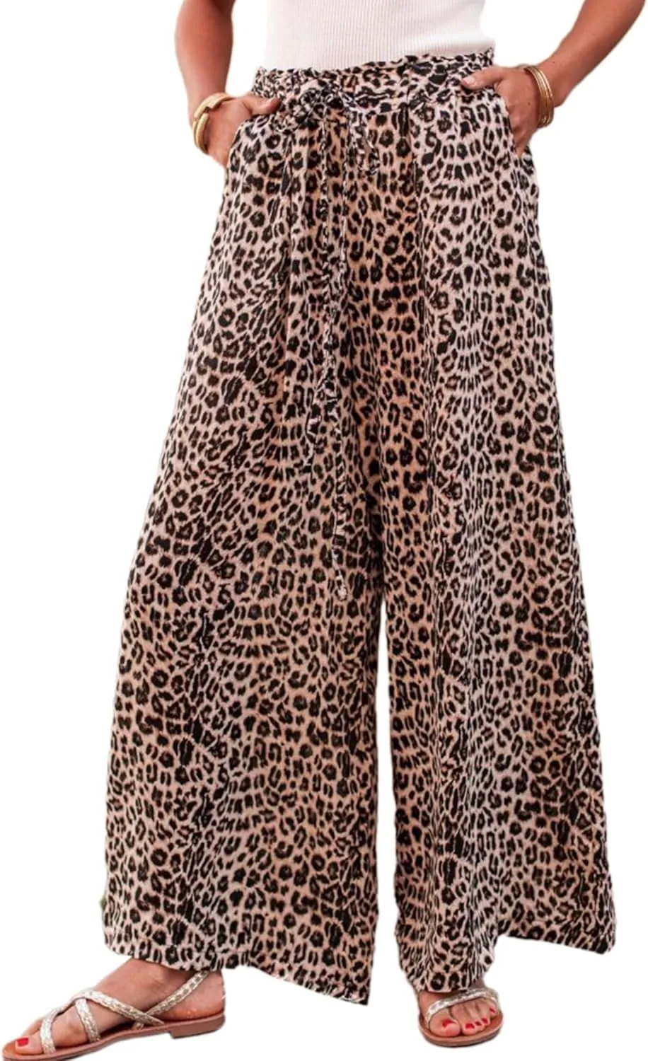 Women's Leopard Print Palazo Pants Drawstring High Waist Wide Leg Beach Lounge Pants Trousers