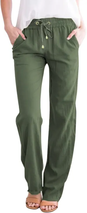Womens Linen Pants 2025 Summer Casual Drawstring Elastic Waist Cotton Pants Petite Straight Leg Lounge Long Trousers