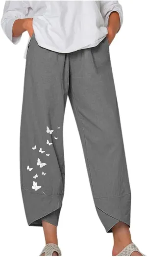 Womens Linen Pants Capri Boho Wide Leg Pant Summer Flowy Vintage Floral Dandelion Cotton Cropped Trousers with Pockets