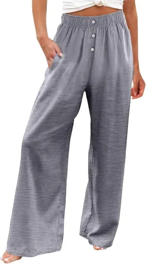 Womens Linen Pants Summer Wide Leg Palazzo High Waist Lightweight Beach Casual Vacation Pant