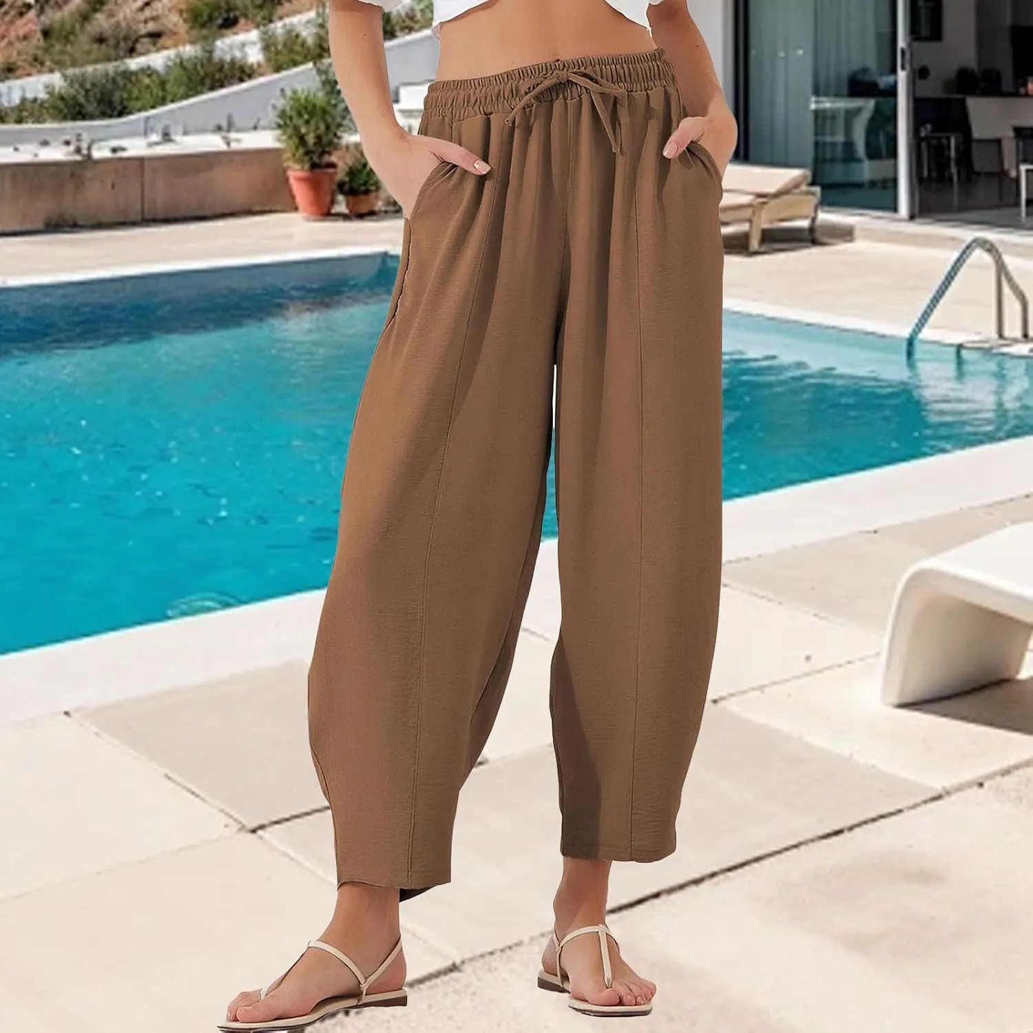 Womens Linen Wide Leg Pants Summer High Waisted Drawstring Elastic Travel Vacation Harem Trousers with Pockets