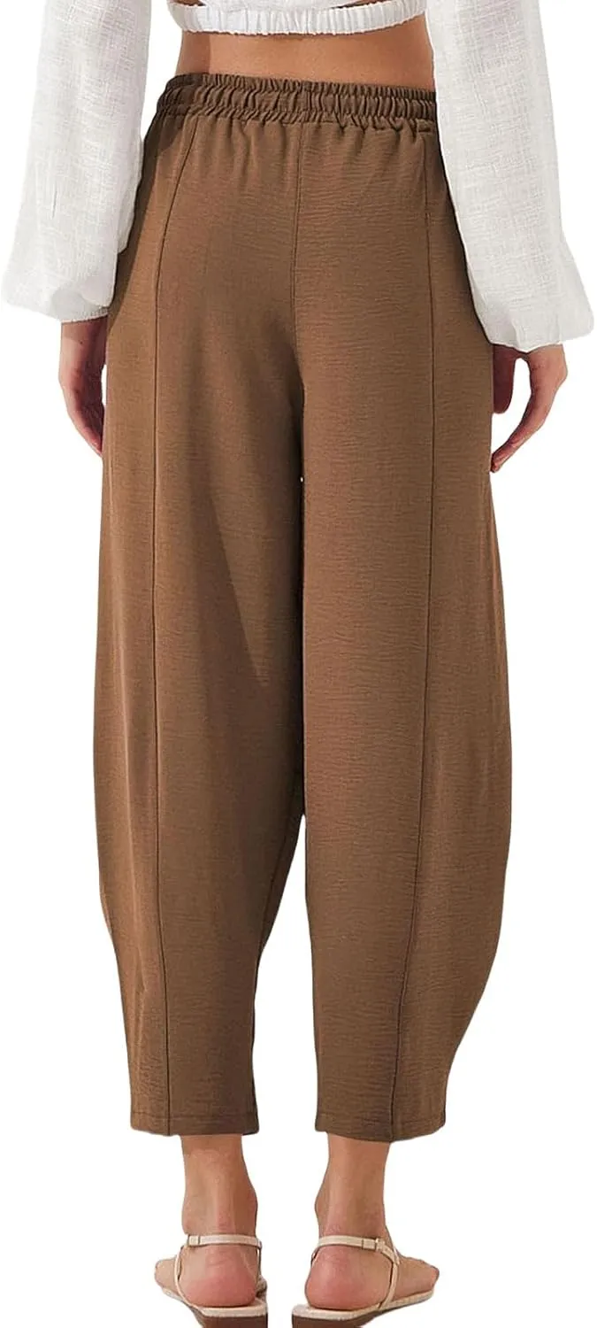 Womens Linen Wide Leg Pants Summer High Waisted Drawstring Elastic Travel Vacation Harem Trousers with Pockets