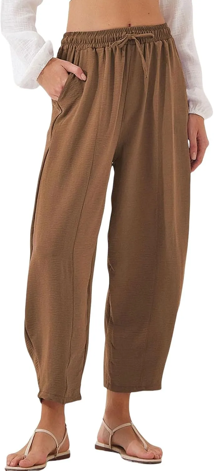Womens Linen Wide Leg Pants Summer High Waisted Drawstring Elastic Travel Vacation Harem Trousers with Pockets