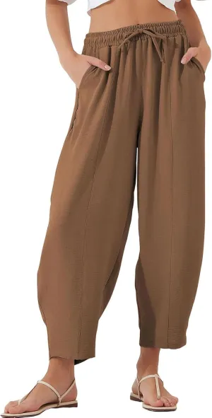 Womens Linen Wide Leg Pants Summer High Waisted Drawstring Elastic Travel Vacation Harem Trousers with Pockets