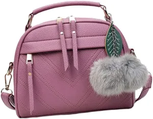 Women's Messenger Bag Pu Leather Satchel Handbag Tote Crossbody Bag Casual Purple Purse Fashion Plush Ball