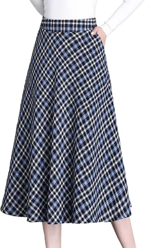 Women's Plaid Tweed Midi Skirt with Pockets Casual Vintage High Waist A-Line Pleated Fall Skirt