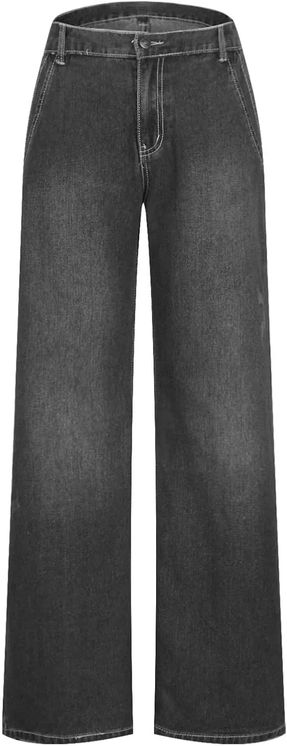 Women's Plus Size Flare Jeans Vintage High Waisted Baggy Wide Leg Denim Pants Straight Leg Pull On Jeans Pockets
