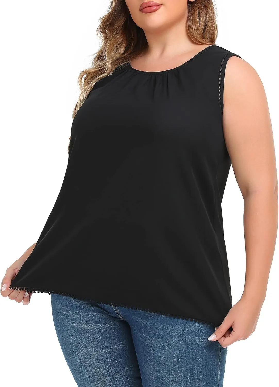 Women's Plus Size Lace Trim Sleeveless Cami Tank Tops Chiffon Dressy Camisole