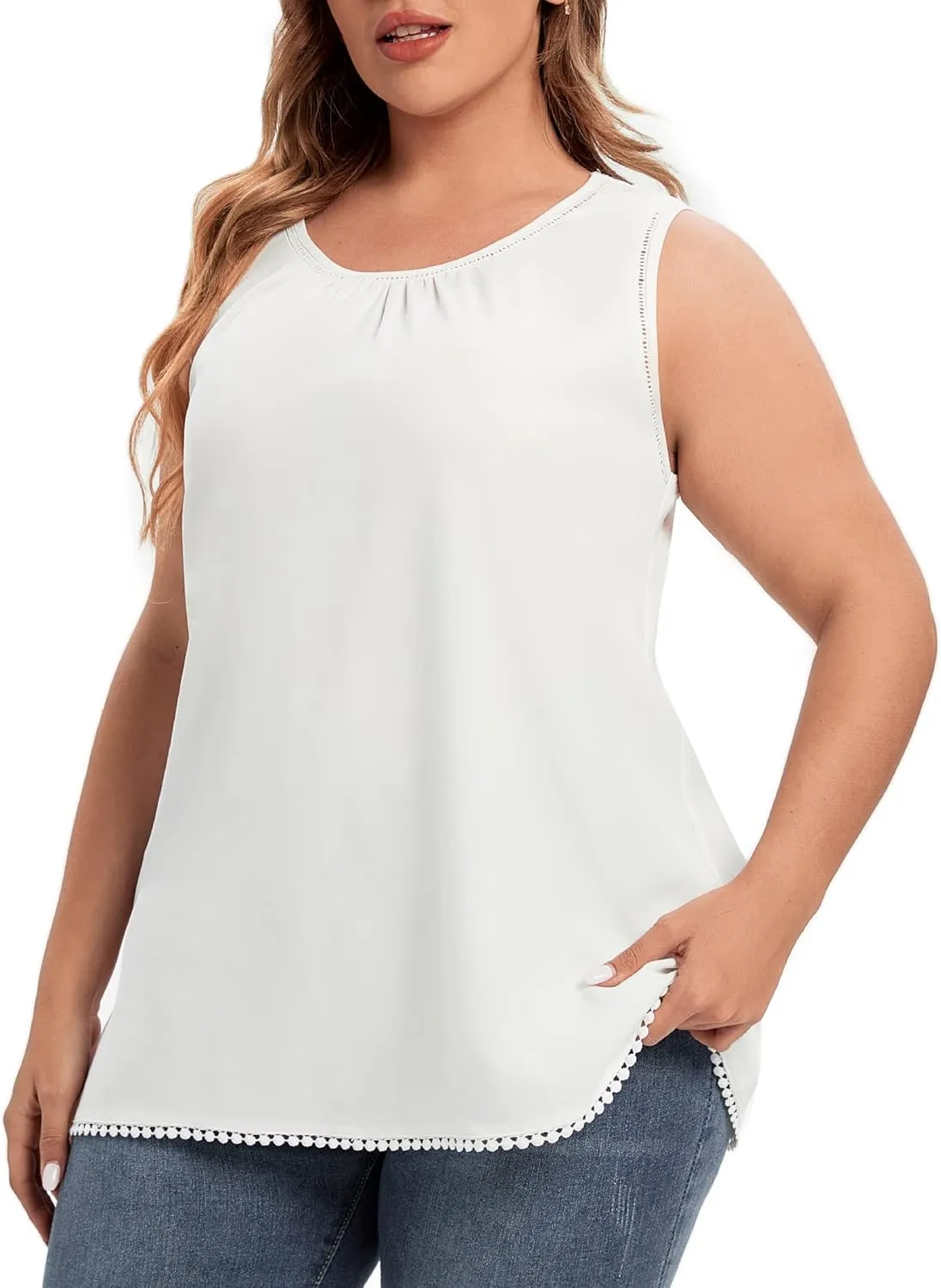 Women's Plus Size Lace Trim Sleeveless Cami Tank Tops Chiffon Dressy Camisole