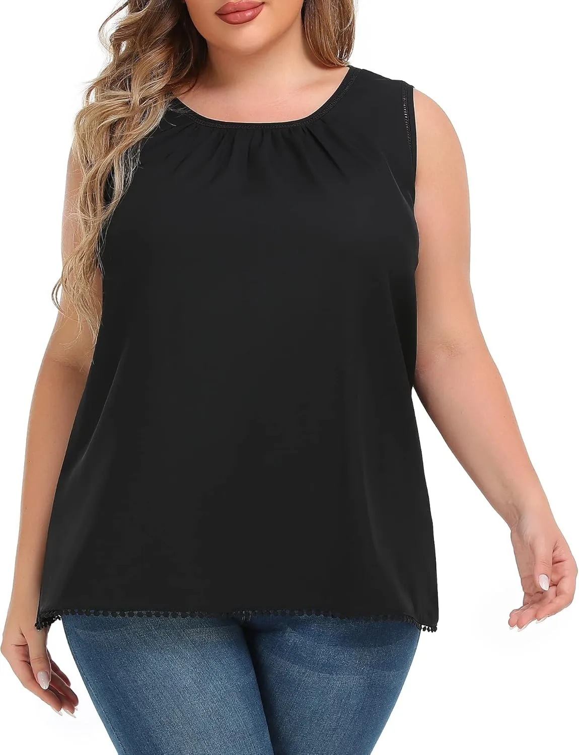 Women's Plus Size Lace Trim Sleeveless Cami Tank Tops Chiffon Dressy Camisole