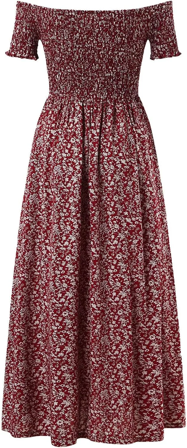 Women's Plus Size Maxi Long Dress Sexy Off Shoulder Sundress Bohemian Style Floral Print Slit Dress Vestidos