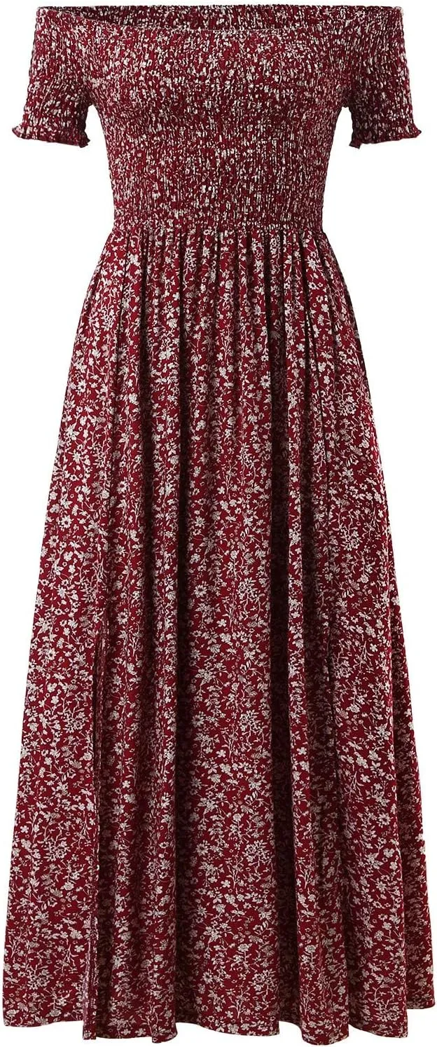 Women's Plus Size Maxi Long Dress Sexy Off Shoulder Sundress Bohemian Style Floral Print Slit Dress Vestidos