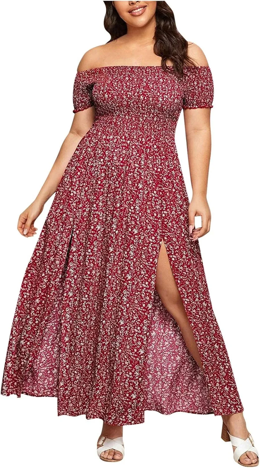 Women's Plus Size Maxi Long Dress Sexy Off Shoulder Sundress Bohemian Style Floral Print Slit Dress Vestidos