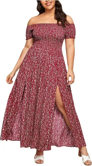 Women's Plus Size Maxi Long Dress Sexy Off Shoulder Sundress Bohemian Style Floral Print Slit Dress Vestidos