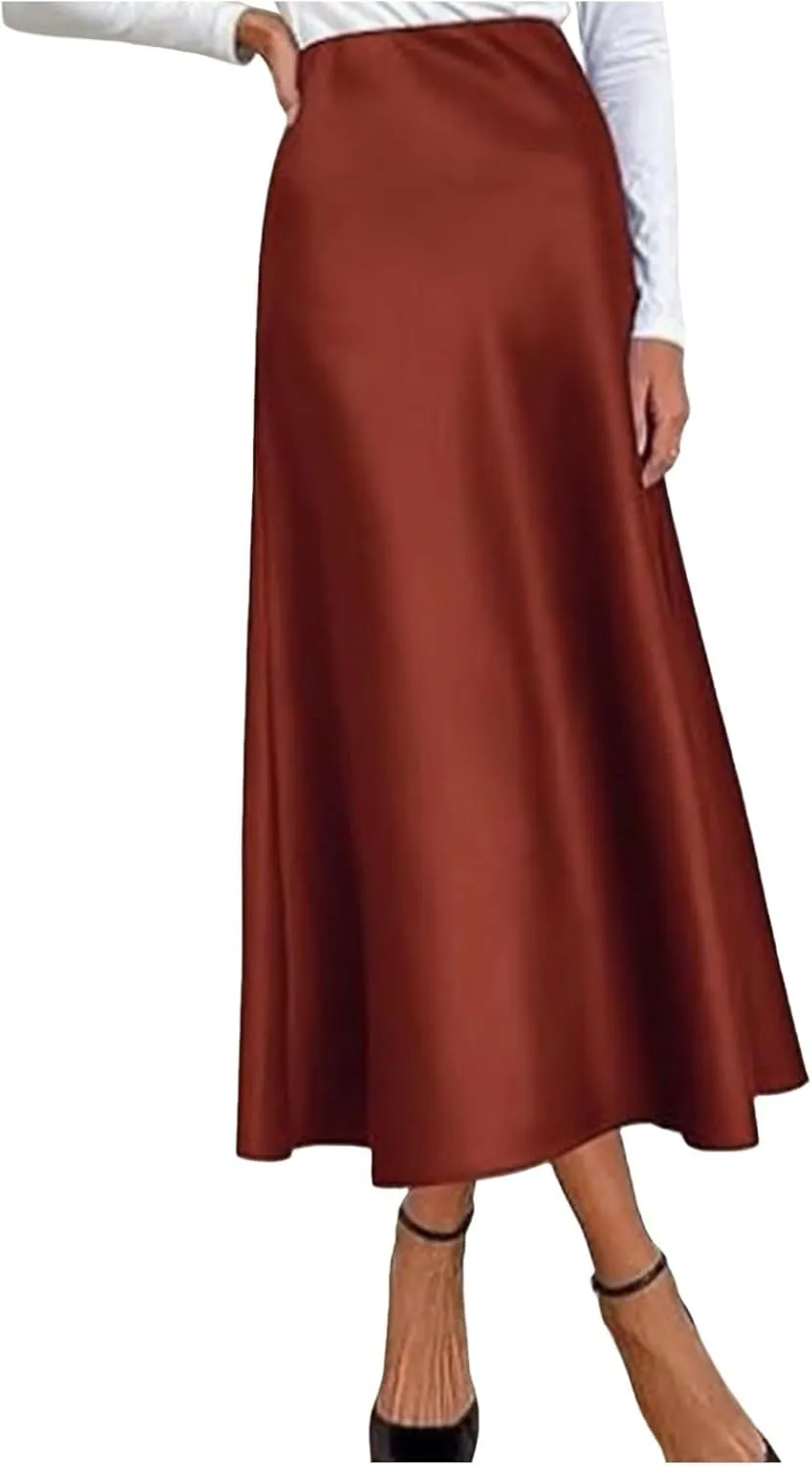 Womens Satin Silk Maxi Skirts High Waisted Skirts 2025 Trendy Casual Elegant Cocktail Party Flared A-Line Midi