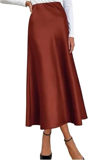 Womens Satin Silk Maxi Skirts High Waisted Skirts 2025 Trendy Casual Elegant Cocktail Party Flared A-Line Midi