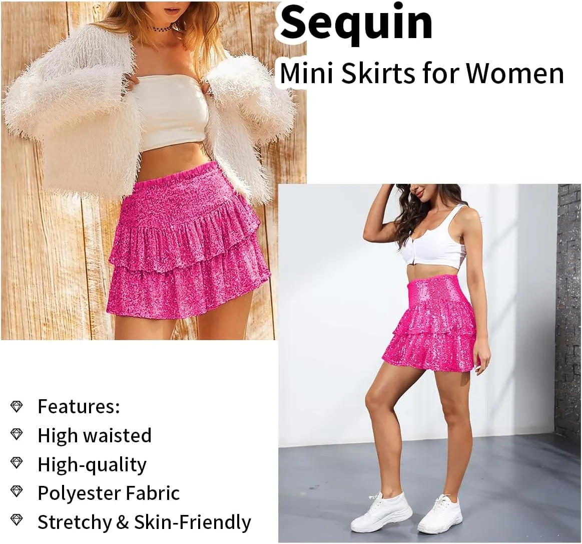 Women's Sequin Mini Skirt Sparkly High Waist Lined Layered Flared Pleated Glitter Night Out Party Short Skirts