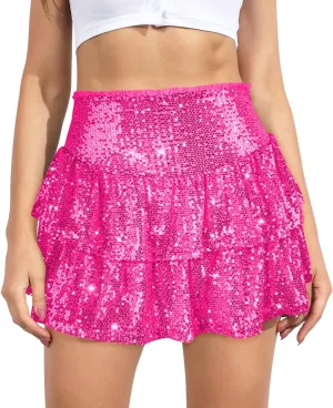 Women's Sequin Mini Skirt Sparkly High Waist Lined Layered Flared Pleated Glitter Night Out Party Short Skirts