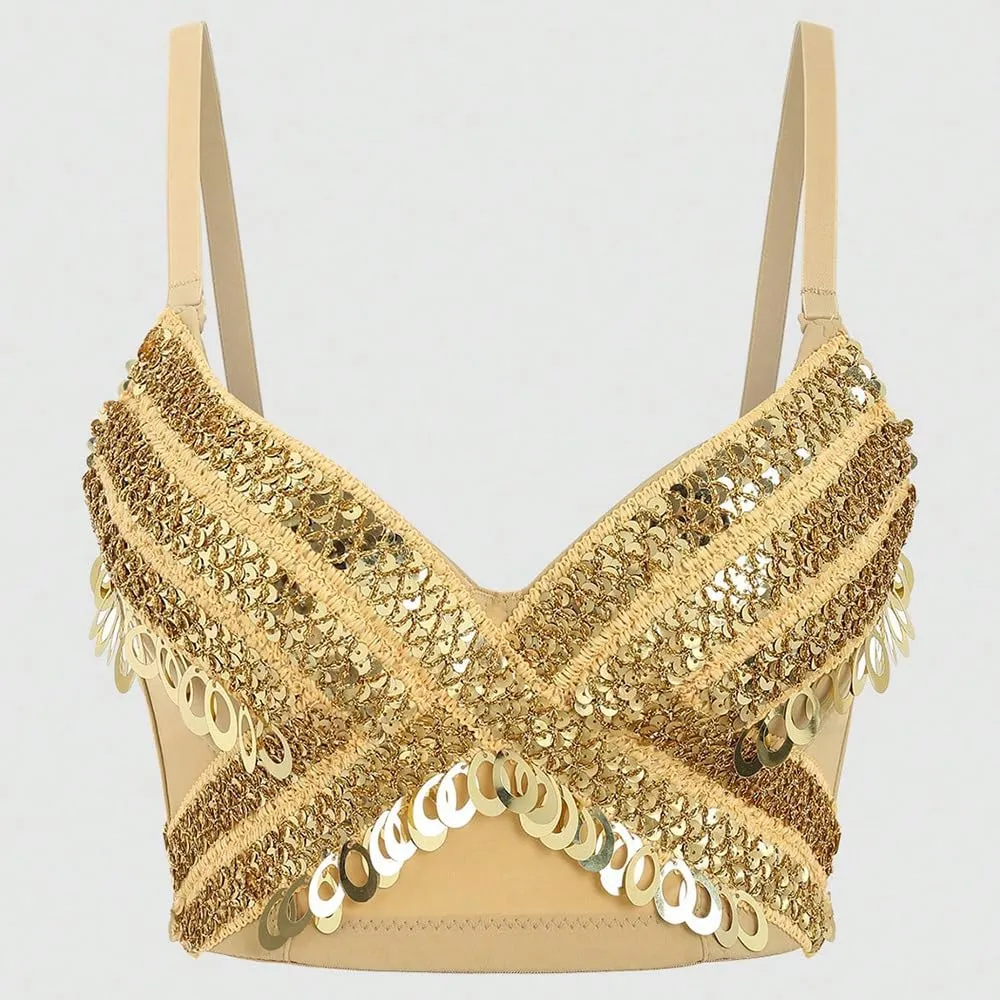 Women's Sequined Herringbone Corset Sexy Tops Camisole Exposed Navel
