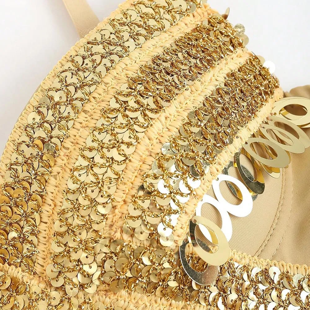 Women's Sequined Herringbone Corset Sexy Tops Camisole Exposed Navel