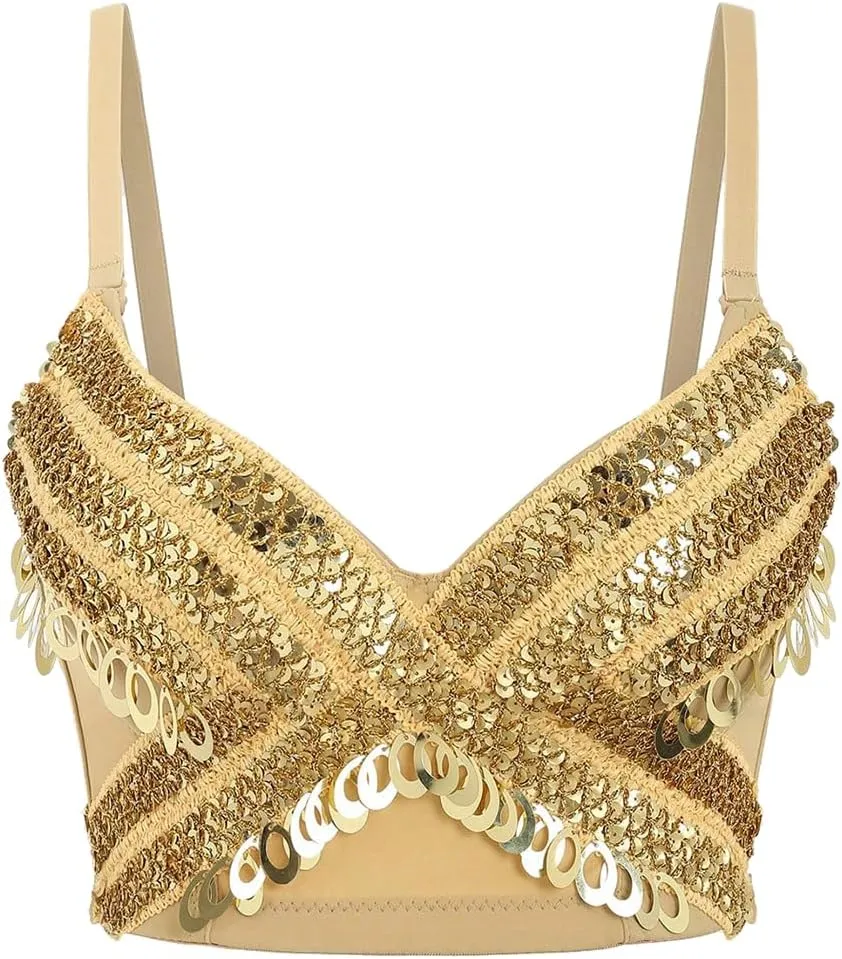Women's Sequined Herringbone Corset Sexy Tops Camisole Exposed Navel