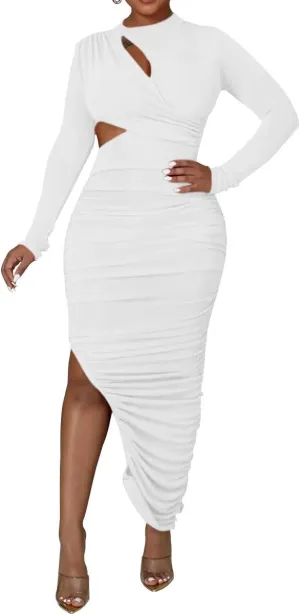 Women's Sexy Ruched Long Sleeve Bodycon Dress Cut Out Solid Color Basic Fitted Elegant Midi Dresses