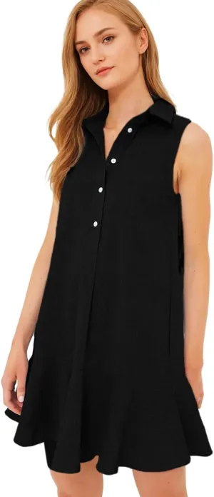 Women's Sleeveless Shirt Dress Summer Collared Button Down Ruffle Hem Tank Mini Dress