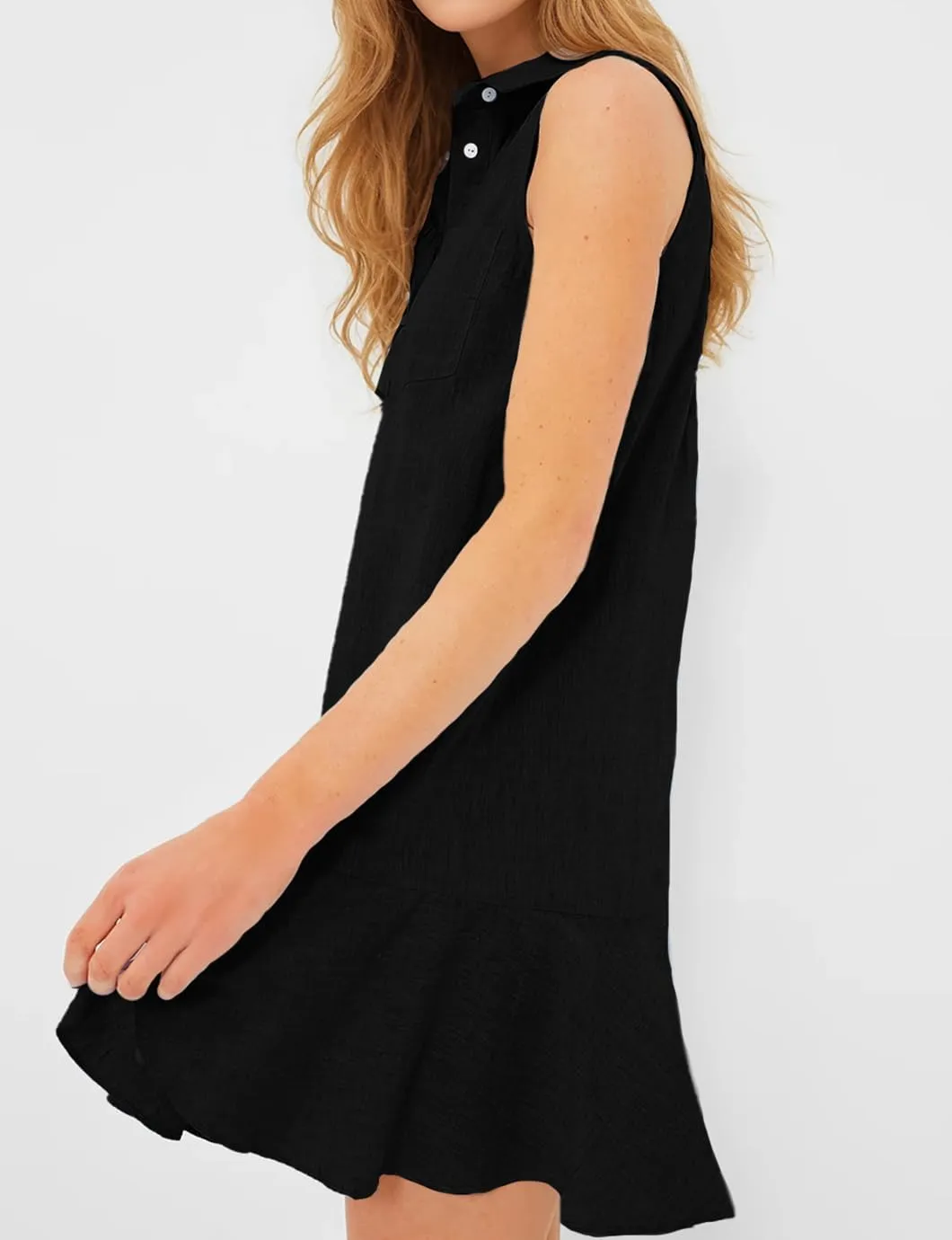 Women's Sleeveless Shirt Dress Summer Collared Button Down Ruffle Hem Tank Mini Dress