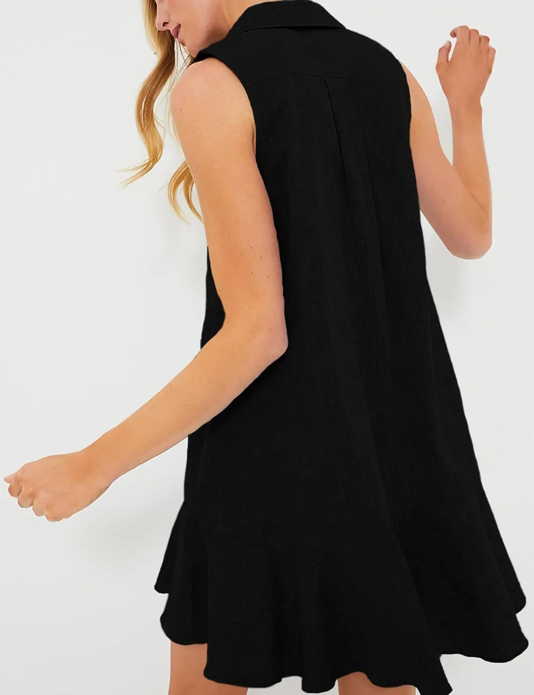 Women's Sleeveless Shirt Dress Summer Collared Button Down Ruffle Hem Tank Mini Dress