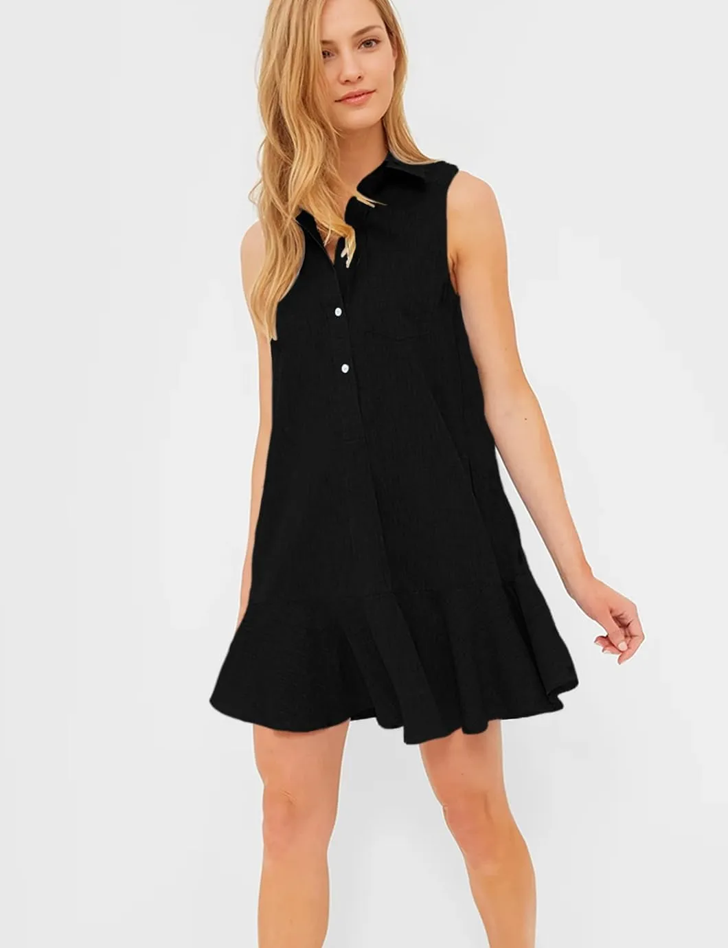 Women's Sleeveless Shirt Dress Summer Collared Button Down Ruffle Hem Tank Mini Dress