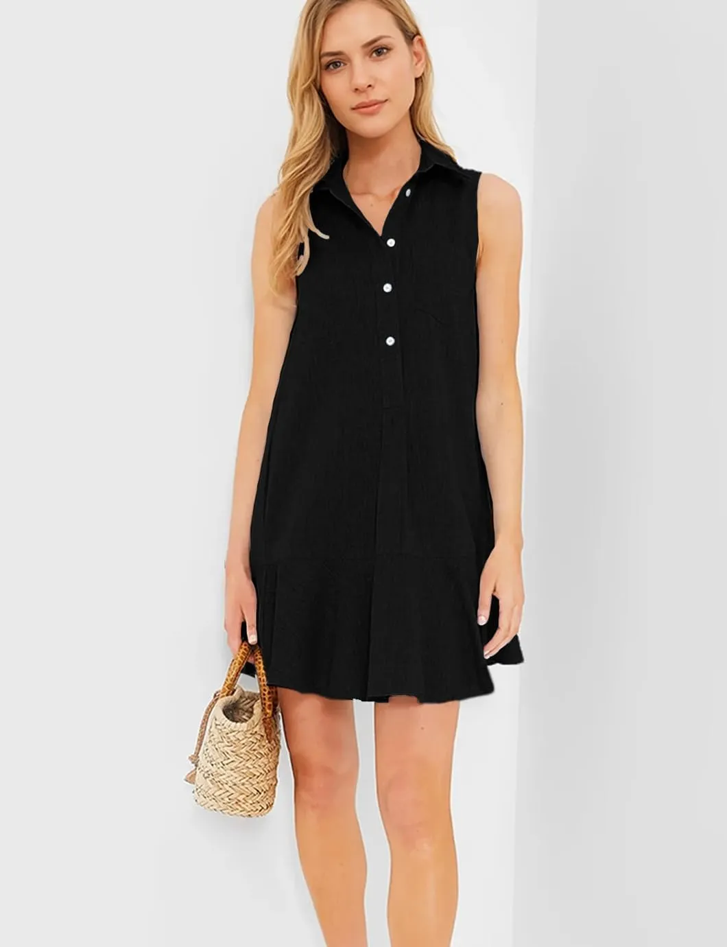 Women's Sleeveless Shirt Dress Summer Collared Button Down Ruffle Hem Tank Mini Dress