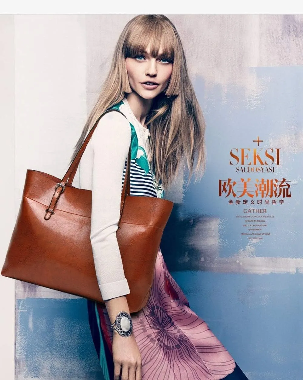 Women's Soft PU Leather Simple Horizontal Version Large Capacity Zipper Handbag
