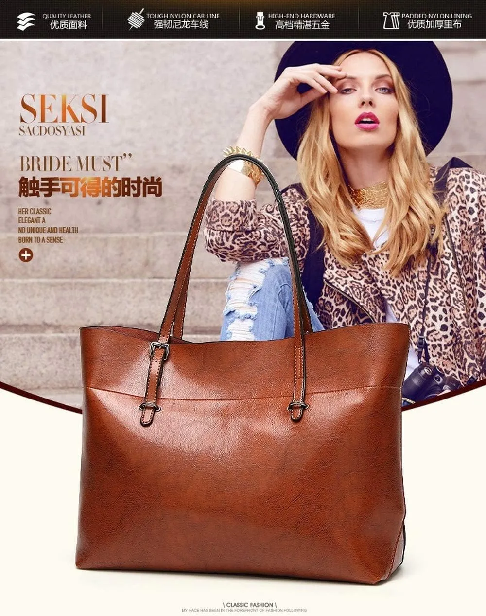 Women's Soft PU Leather Simple Horizontal Version Large Capacity Zipper Handbag