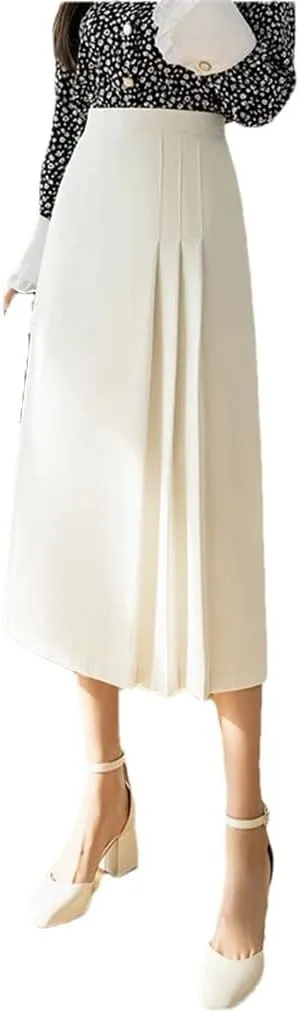 Women's Solid Color High Waist Mid-Length A-Line Retro Pleated Office Casual Skirt