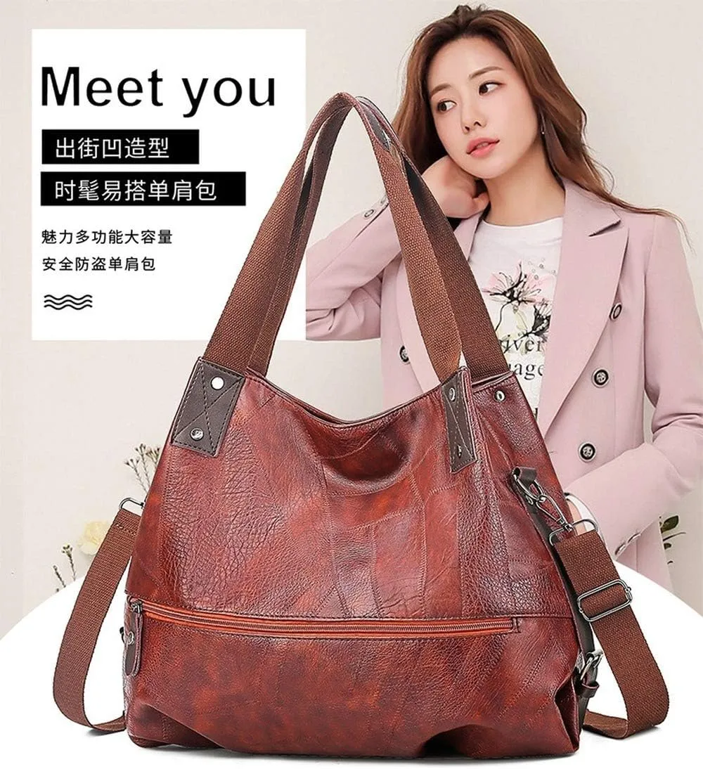 Women's Stitching Geometric Pattern Shoulder Bag Soft Pu Large Capacity Zipper Handbag