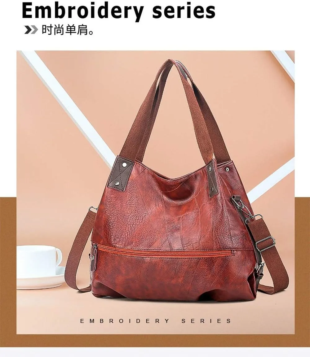 Women's Stitching Geometric Pattern Shoulder Bag Soft Pu Large Capacity Zipper Handbag