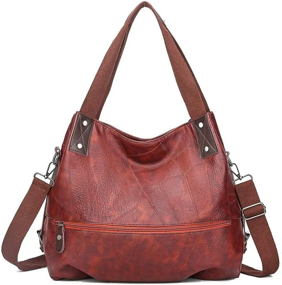 Women's Stitching Geometric Pattern Shoulder Bag Soft Pu Large Capacity Zipper Handbag