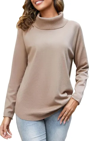 Women's Turtleneck Knit Pullover Long Sleeve Casual Oversized Curved Hemline Sweater Tops