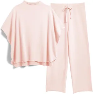 Women's Two Piece Outfits 3/4 Batwing Sleeve Capelet Crew Neck Pullover Top Wide Leg Pants Lounge Set