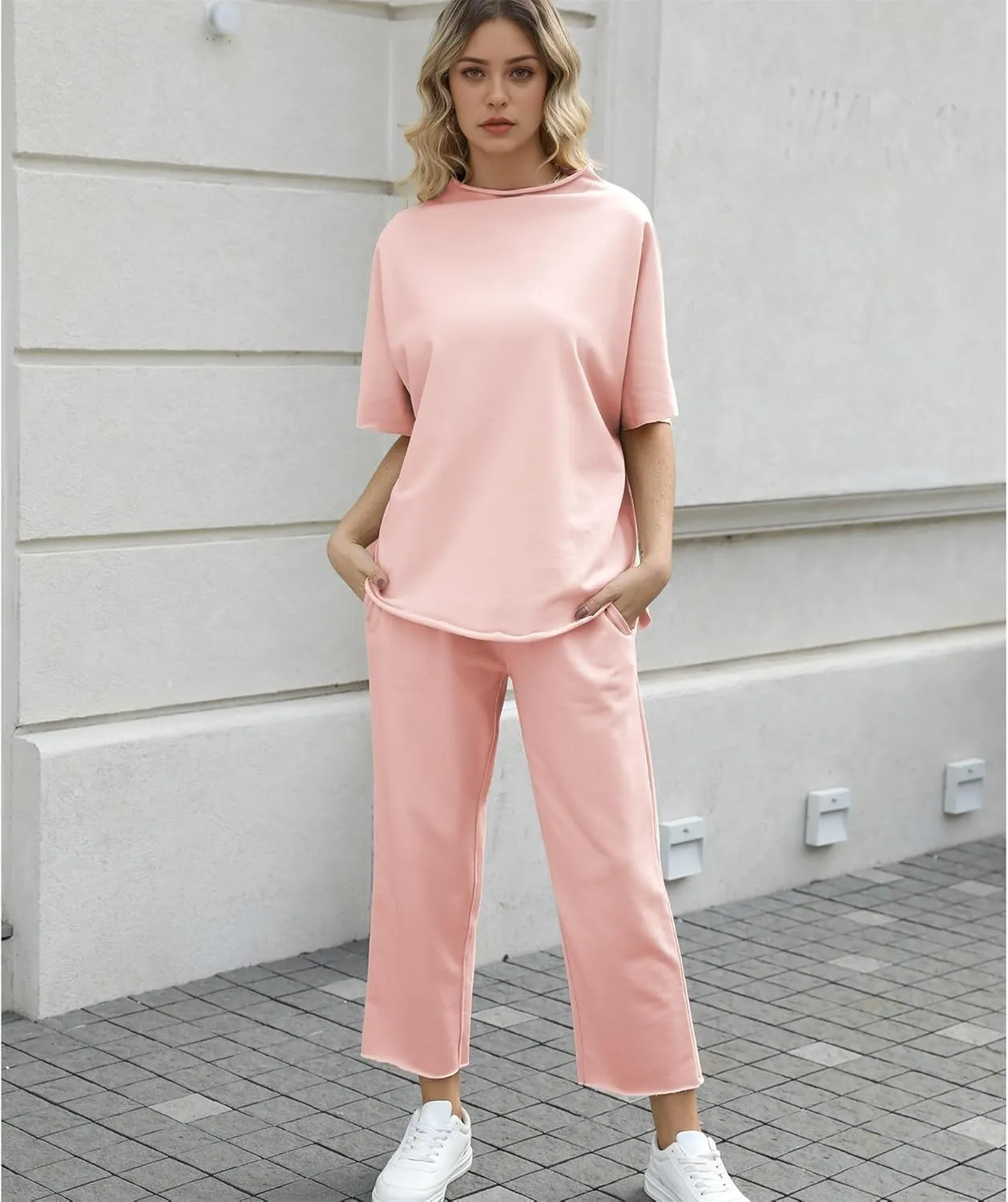 Women's Two Piece Outfits 3/4 Batwing Sleeve Capelet Crew Neck Pullover Top Wide Leg Pants Lounge Set
