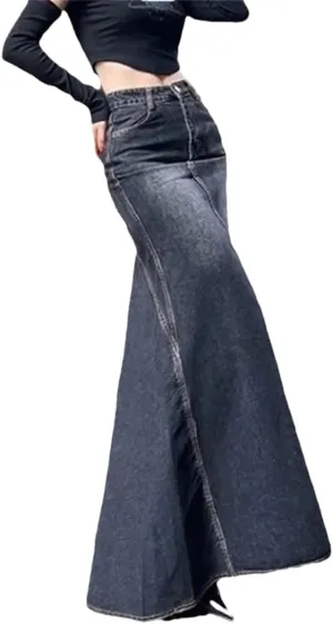 Women's Vintage High-Waisted Denim Skirt Hip-Hugging Long Skirt Split-Line Flared Skirt